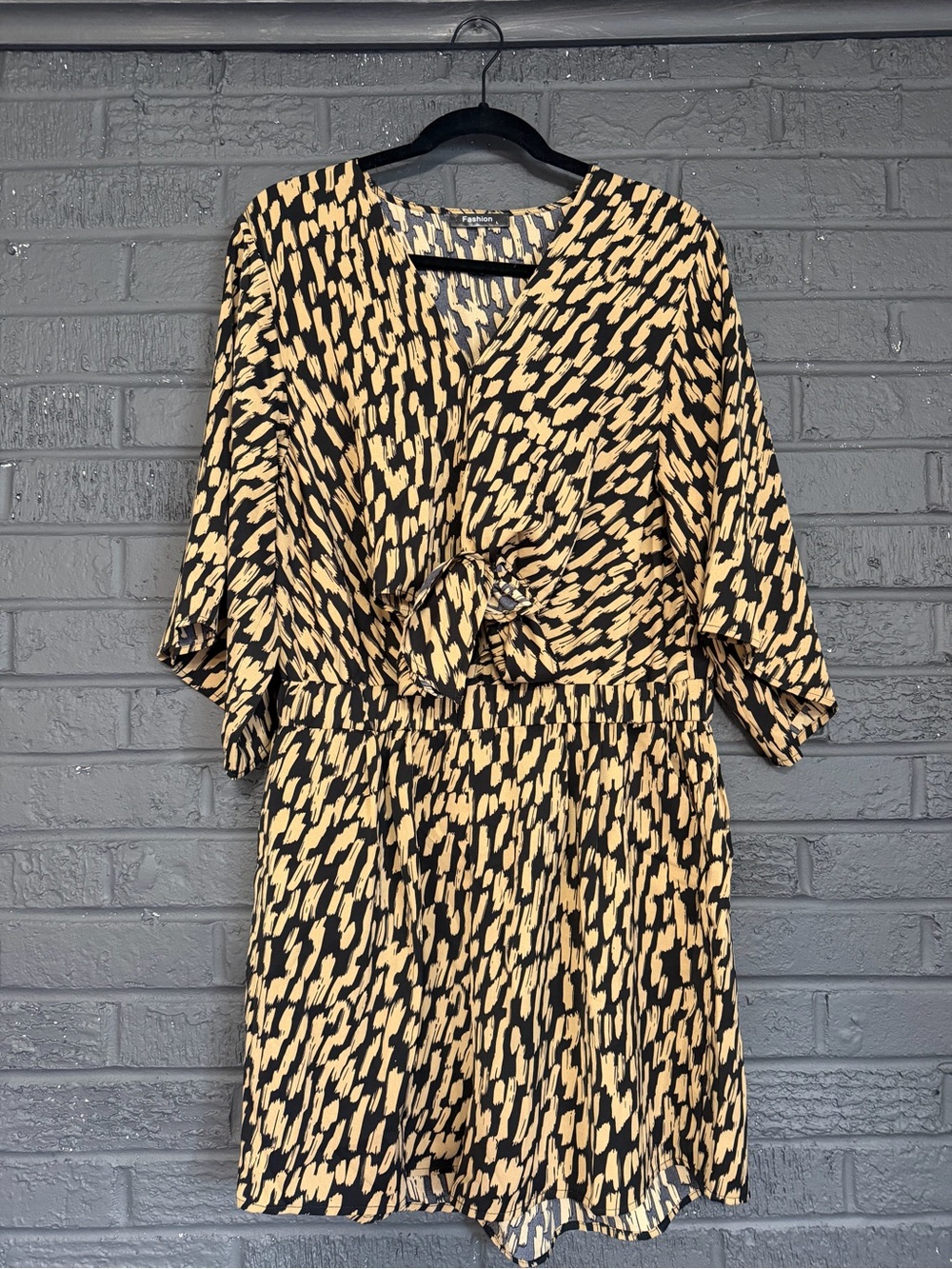 Women's Black and Cream Printed Tie Romper w/ Pockets